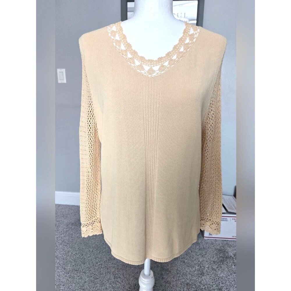 Vtg Valerie Separates Boho Crochet Knit Light Beige Top XL